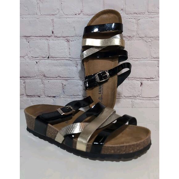 Sanosan Black Patent Metallic Leather Straps Soft Footbed Cork Wedge Sandals 38 - Picture 1 of 15